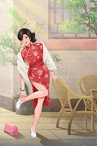 公告店铺插画图片_民国旗袍怀旧人物美女店铺复古上海滩舞女