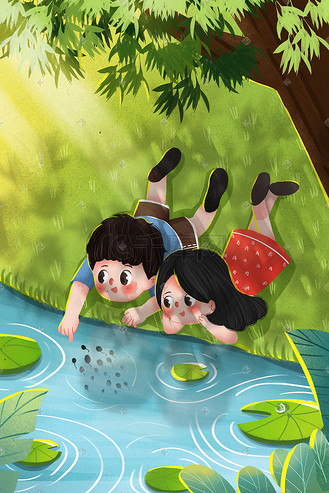 小清新夏季大暑节气男孩女孩河边抓蝌蚪插画图片-千库网