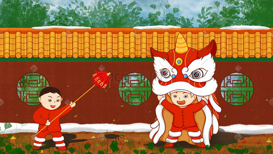 传统民间插画图片_非遗民俗传统民间文化舞狮插画