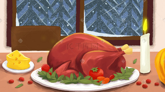 碳烤鸡胗串插画图片_感恩节餐桌烤鸡场景插画