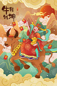 2021牛气插画图片_新年春节2021牛年财神插画