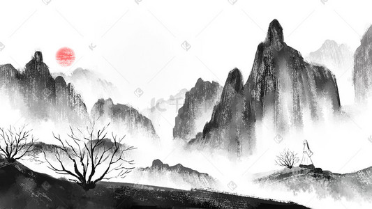 国画山水水墨插画图片_国画风水墨文人风景