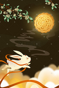 黑夜月亮插画图片_中秋节玉兔把月亮当作月饼中秋