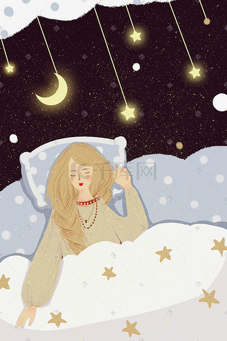 夏夜夜晚星辰晚安清新少女手绘风格插画