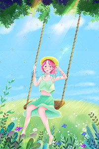 立夏阳光插画图片_立夏阳光下荡秋千的小女孩插画