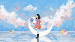 寒假补习班学习教育书女孩天空云海风景背景