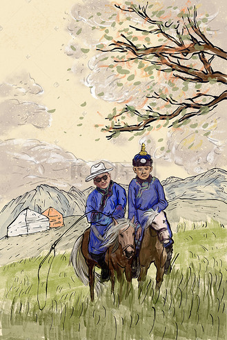 少数民族蒙古族骑马青年水彩插画背景