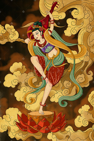 国潮工笔中国风祥云敦煌弹琵琶壁画手绘插画