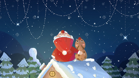 星空插画图片_圣诞节圣诞老人圣诞和驯鹿看星空圣诞