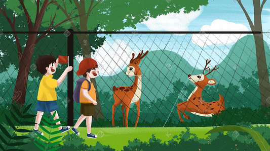 爱心书签插画图片_保护动物学生保护区参观鹿爱心