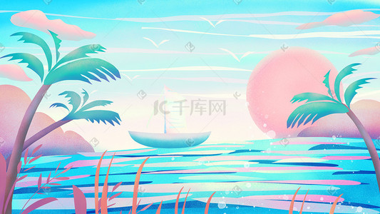 椰树天空插画图片_梦幻唯美海上夕阳插画