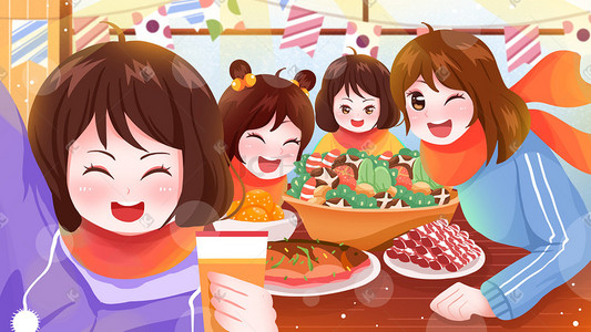 美食街宣传海报插画图片_聚餐派对团圆团聚美食插画
