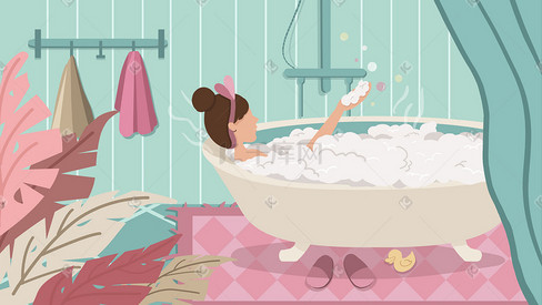 扁平生活泡澡浴室卡通女孩