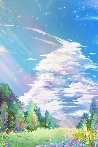 夏天水彩天空蓝天云草地山树叶树花阳光彩虹星光背景