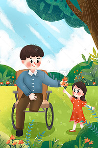 轮椅残疾人插画图片_关爱弱势群体女孩给残疾人送花
