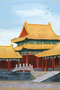 北京奥奔汽车插画图片_国潮中国风复古故宫地标建筑北京