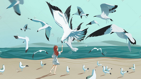 鸟类插画图片_夏季沙滩海鸥清新治愈系风景背景