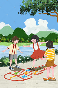 儿童节回忆插画图片_六一儿童节90年代童年游戏儿童玩耍跳房子背景