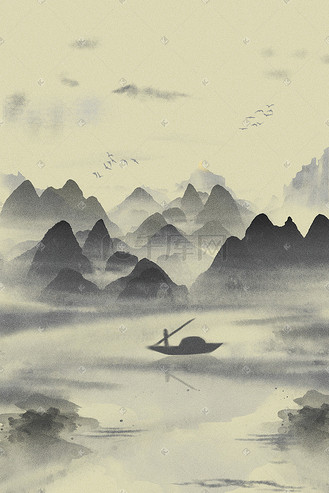 黑白简笔风景图片素材_水墨风景山水泛舟黑白景插画
