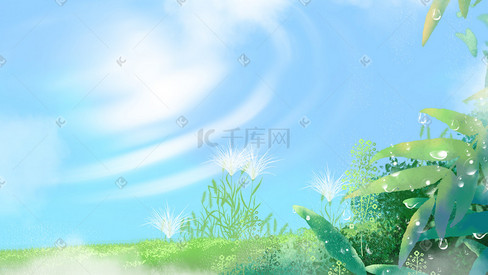 夏天水波白露植物树叶露水蓝天云草地背景