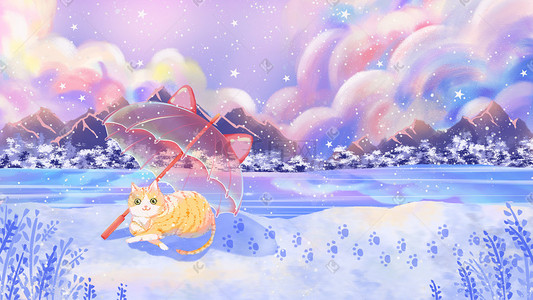 雨伞样机插画图片_下雪天小猫雨伞躲雪冬季冬天