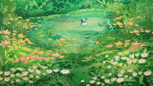 花朵提示框插画图片_春季春天花草风景绿色植物草地森林树林花朵