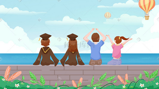 男生女生插画图片_毕业季学生绿色海边看海青年节男生女生海边高考