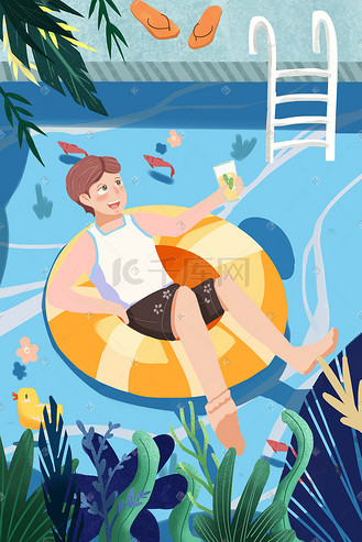 夏天夏季夏景男孩游泳卡通小清新插画