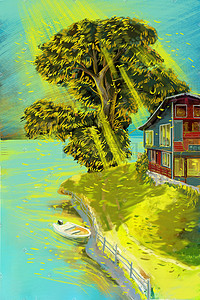 夏日风景湖中小岛原创油画风格插画