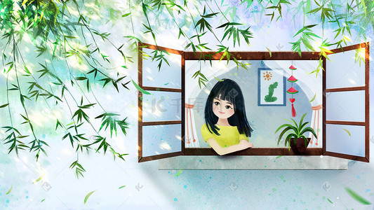 柳叶柳树插画图片_小清新夏季窗外风景