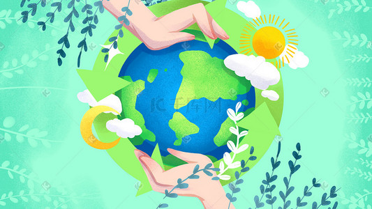 公益环保手绘插画图片_绿色系卡通手绘风环境保护配图