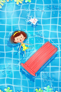 夏季游泳池水猫咪女孩树叶气垫船