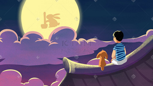 紫色系卡通手绘风中秋望月配图中秋