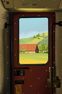 带铁轨的火车插画图片_夏天旅游火车窗外风景山房屋草地插画