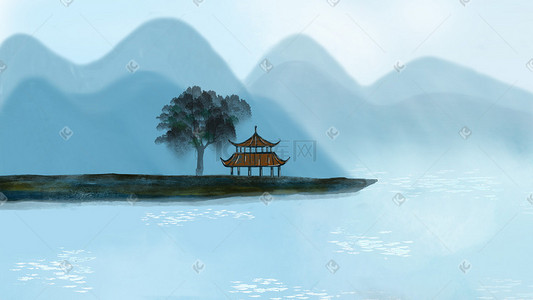 水墨中国风湖插画图片_中国风水墨山河亭子蓝色背景