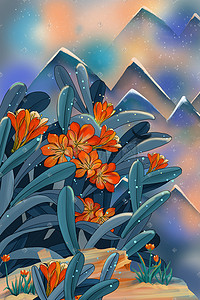 蓝色光点光片插画图片_紫色系中国风古风国潮鲜花山脉光点背景
