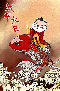 鼠年大吉插画图片_鼠年老鼠骑锦鲤为大家送新年祝福