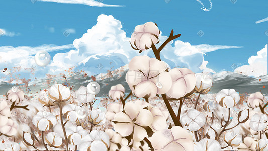 棉花插画图片_治愈手绘白露节气夏天秋天棉花田蓝天白云