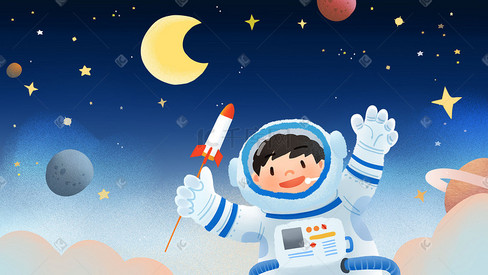 宇航员太空男孩月亮星空幻想清新手绘插画