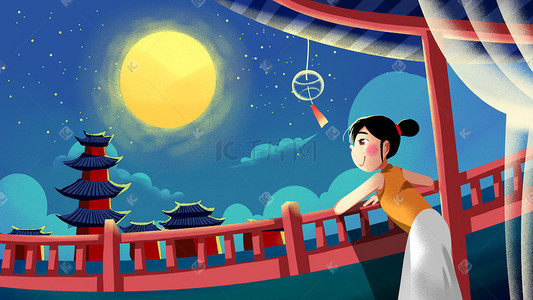 月饼传统插画图片_卡通手绘风中秋望月配图中秋