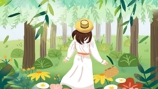 在奔跑插画图片_立春时节女孩奔跑在绿色森林