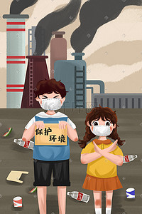 污染塑料袋插画图片_保护环境环保拒绝污染社会公益男孩女孩