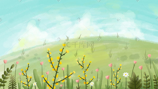 小山坡背景插画图片_夏天山坡上的花朵