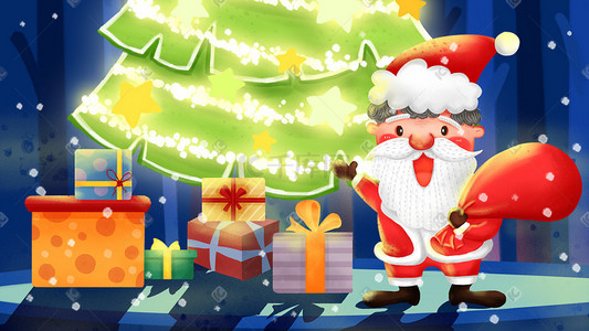 圣诞树星光插画图片_圣诞节圣诞树圣诞老人女孩礼物彩旗袜子圣诞