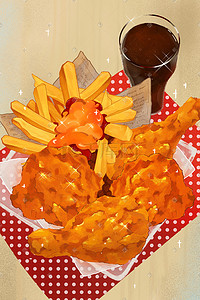 汉堡薯条图插画图片_炸鸡薯条饮料美食1