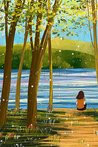 夏天森林河边树草地油画纹理风景背景