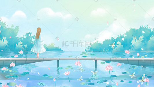 小清新节气处暑插画图片_蓝色绿色唯美卡通小清新治愈夏季风景配图