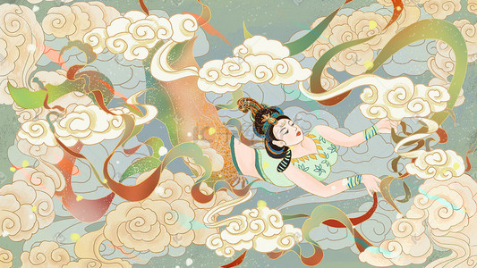 祥云飞天仕女图敦煌壁画插画背景中国风国潮风山水荷花祥云粉色莲花