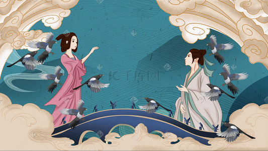 中国风工笔神话牛郎织女手绘插画背景