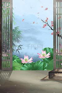 池塘夏日插画图片_夏季中国风荷花池塘山水古风建筑风景